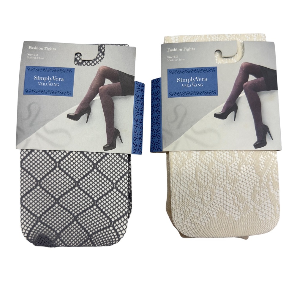 Simply Vera Vera Wang Fashion Tights 2pk Metallic Diamond & Floral Net Size 2/3